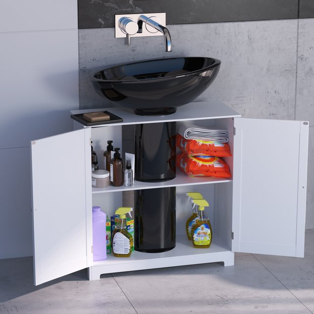 DayPlus Badezimmerschrank aus Holz in Weiß mit 2 Türen und Regalfach, freistehender Waschbecken-Unterschrank, B/T/H: 60 x 60 x 30 cm - Bild 1