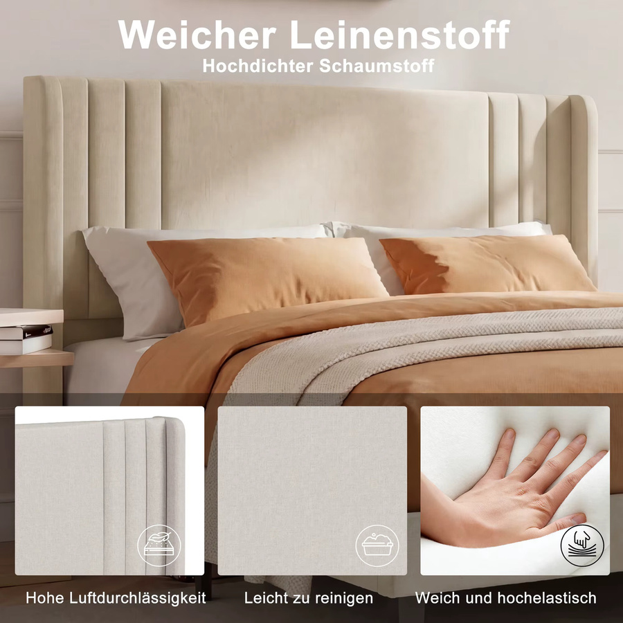 Comanlai Polsterbett mit Lattenrost und Kopfteil in Grau oder Beige, modernes Doppelbett aus Stoff, B/T/H: 140 x 200 cm - Bild 2