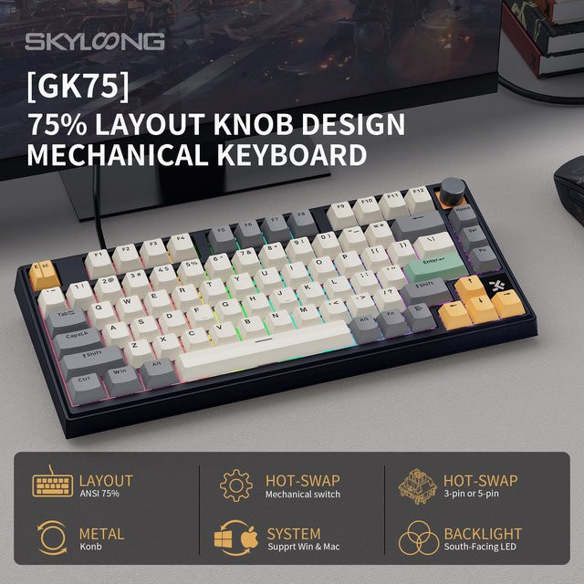 Skyloong GK75 VIA Mechanische Gamer-Tastatur mit RGB-Hintergrundbeleuchtung, PBT-Tastenkappen und Metall-Makro-Drehknopf, 75 % Low-Profile, Multicolour - Bild 1