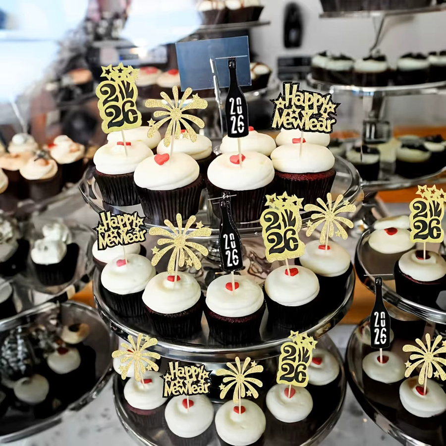 12er Set Cupcake-Topper Frohes Neues Jahr 2026 in Gold und Schwarz mit glitzerndem Feuerwerks-Design als Party-Dekoration für Kuchen und Gebäck - Bild 5