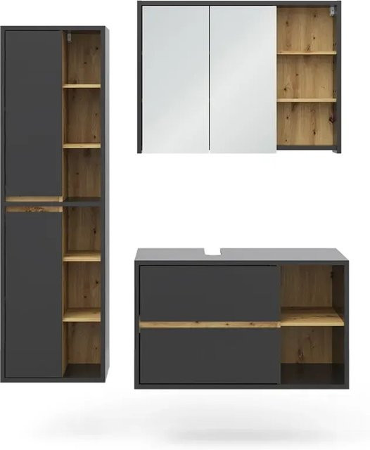 Vicco Badmöbel-Set Viola in Anthrazit und Eiche, modernes 3-teiliges Badezimmer-Set bestehend aus Spiegelschrank, Waschtischunterschrank und Schrank - Bild 2
