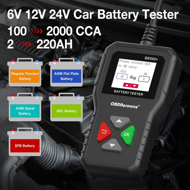 Obdre source Autobatterie Tester Digitaler Batterieanalysator mit Farbbildschirm für 6V, 12V, 24V und bis zu 2000 CCA in Schwarz - Bild 1