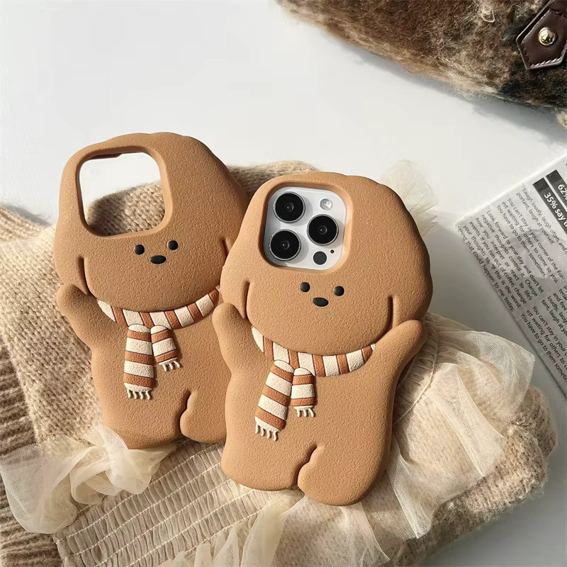 MUQGEW Kawaii 3D-Cartoon-Schal-Welpen Handyhülle aus weichem Silikon für iPhone 16, 15, 14, 13, 12 Pro Max Plus in Braun - Bild 2