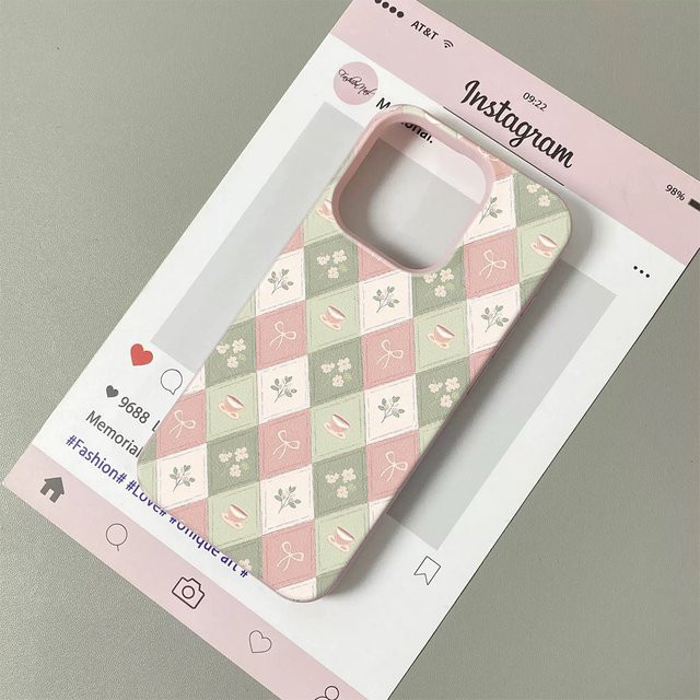 Lichee-Leder Handyhülle mit Argyle-Teetassenmuster für Xiaomi Mi 15T X7 F7 X6 M7 X5 M6 F5 X4 Pro Ultra GT in Rosa-Grün - Bild 1