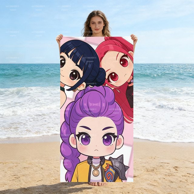 Potdemiel K-Pop Girl Group Chibi Strandtuch aus Mikrofaser, schnelltrocknendes Badetuch mit Anime-Cartoon-Druck, Mehrfarbig - Bild 1
