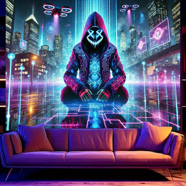 VIKAMA Cyberpunk Wandteppich mit Neon-Stadt-Nachtlandschaft und Masken-Mann, Mehrfarbig, B: 60 cm, H: 40 cm - Bild 1