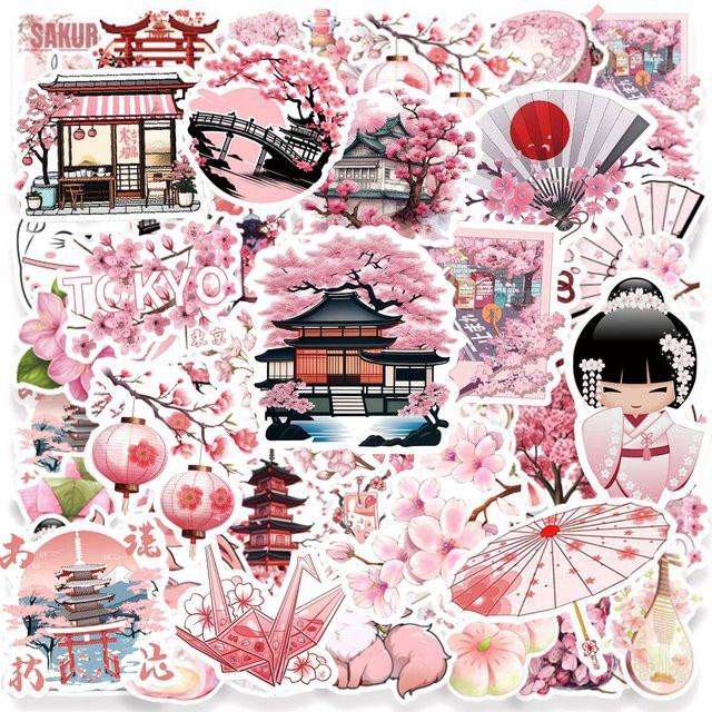 Rspctou Rosa Japanische Sakura Aufkleber Niedliche Cartoon Graffiti Sticker Wasserfest für Gitarre Telefon und Notizbuch - Bild 1