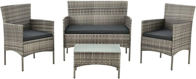 Juskys Polyrattan Gartenmöbel-Set Fort Myers in Grau Meliert mit Tisch, Sofa, 2 Stühlen und Auflagen - Bild 1