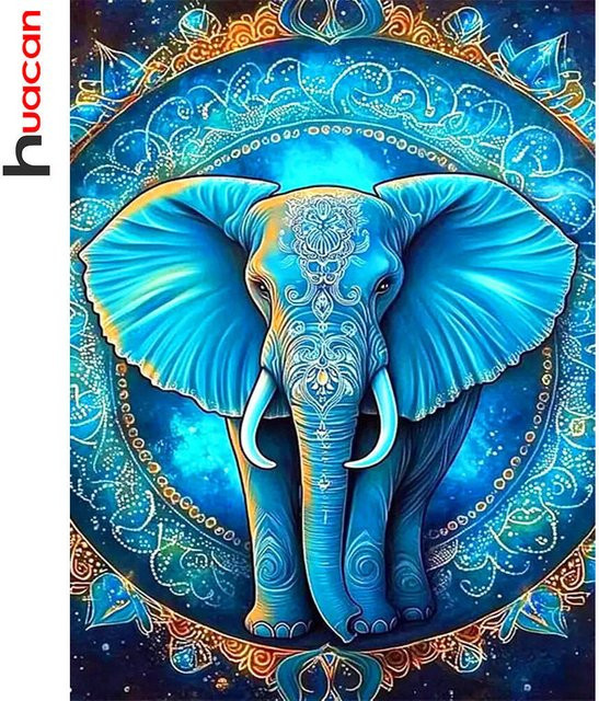 Huacan Diamantgemälde Elefant in Blau als dekoratives Diamantmosaik auf Leinwand, B/H: 30 x 20 cm - Bild 1