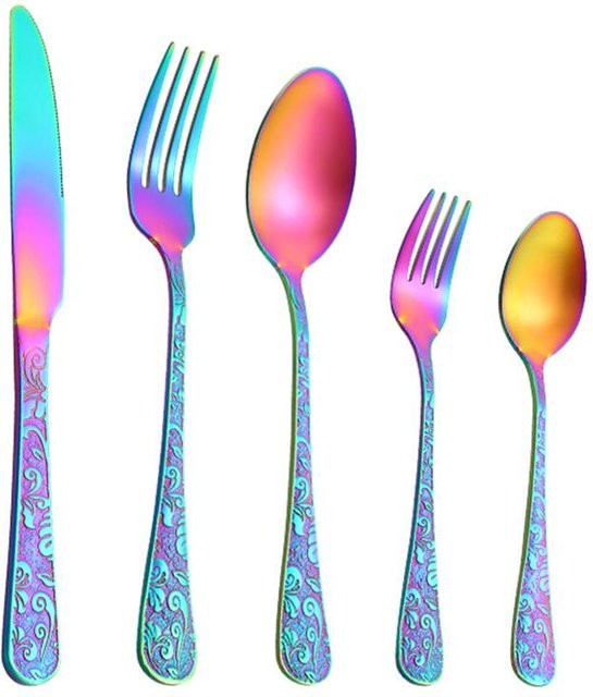 Yiran Furniture Besteckset aus Edelstahl in Gold mit Gravur, 5-teiliges Luxus-Geschirrset bestehend aus Messer, Gabel und Löffel - Bild 1