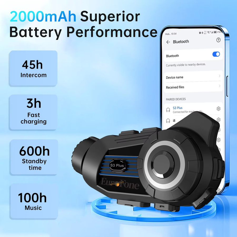 Eurofone S3 Plus Motorrad Bluetooth Headset Intercom mit 2K Video Recorder DVR, wasserdicht, Farbe: Schwarz - Bild 4