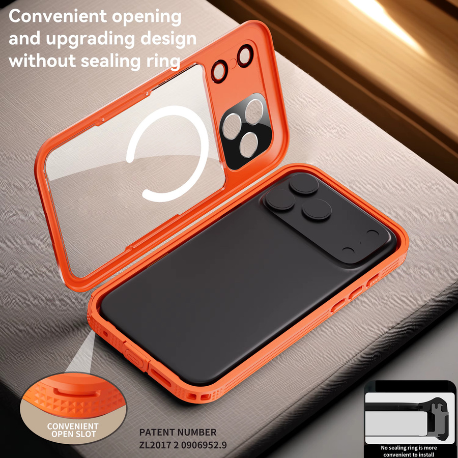Shellbox IP68 magnetische wasserdichte Handyhülle zum Schwimmen und Tauchen für iPhone 17, 17AIR, 17Pro und 17Promax in Blau und Orange - Bild 4