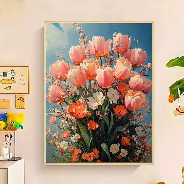 Malen nach Zahlen DIY-Set Bunter Blumenstrauß im Vintage-Stil mit Leinwand und Farbmarkern in Multicolour - Bild 1