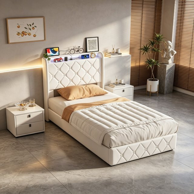 Fangange Polsterbett mit LED-Beleuchtung und USB-Ladestation aus Samt, Einzelbett mit hydraulischem Stauraum und Metallrahmen, B/T/H: 90 x 200 cm, Beige/Grau - Bild 1