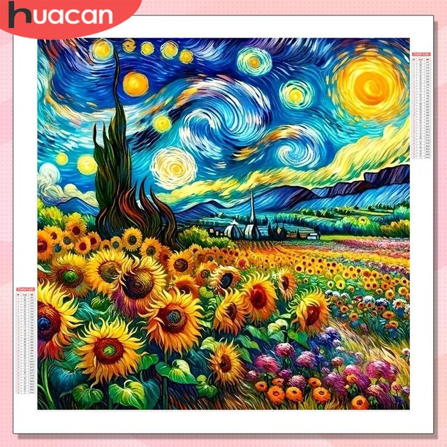 HUACAN Diamant-Mosaik Set Sonnenblume Landschaft mit runden Strasssteinen in Mehrfarbig, B/H: 20 x 20 cm - Bild 1