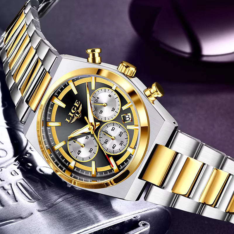 LIGE Chronograph Armbanduhr, Quarz, Edelstahl, Schwarz, Herren - Bild 2