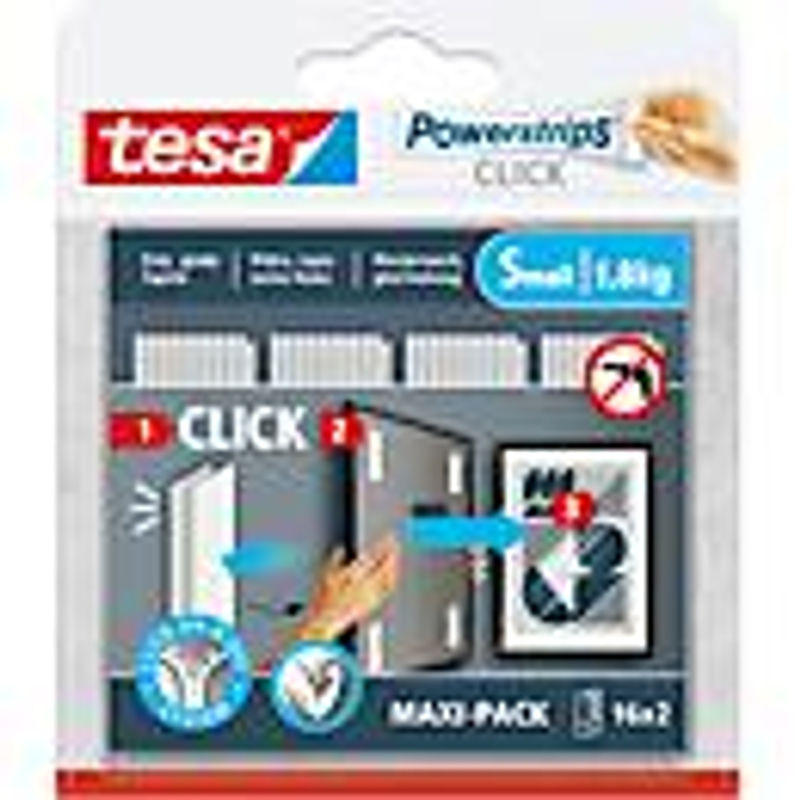 Tesa Powerstrips CLICK Small selbstklebende Doppelklebestreifen Weiß, 16 Paar, B: 60 mm, T: 20 mm - Bild 2