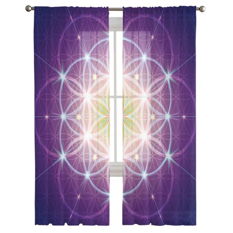 Yiran Furniture Life Of Flower Tüll-Vorhang in Lila mit floralem Druck, transparenter Voile-Stoff, B: 135 cm, H: 115 cm - Bild 1
