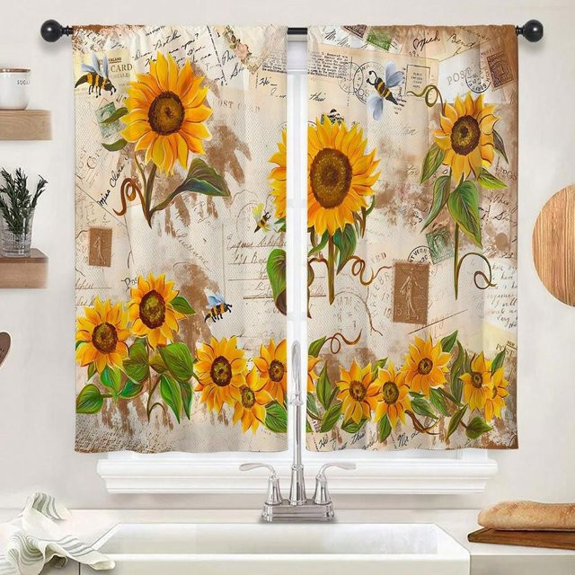 2er-Set Vorhänge mit Sonnenblumen-Print im Bauernhaus-Stil, floraler Retro-Design, orange, halbtransparent, Breite: 69,85 cm, Höhe: 106,68 cm - Bild 1