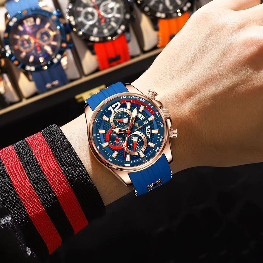 POEDAGAR Chronograph Armbanduhr, Quarz, Silikon, Schwarz, Herren - Bild 5