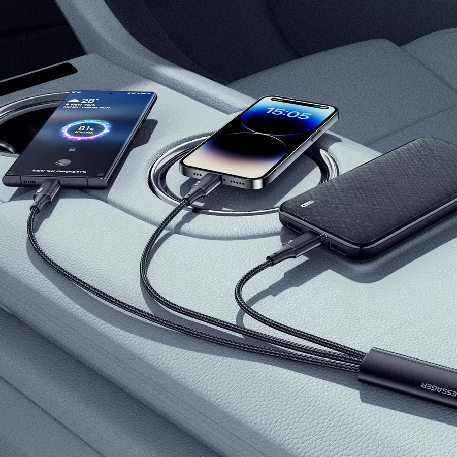 Essager 3-in-1 USB-A auf Typ-C und Lightning Schnellladekabel mit Beleuchtung, 100 W PD Datenkabel in Schwarz - Bild 4