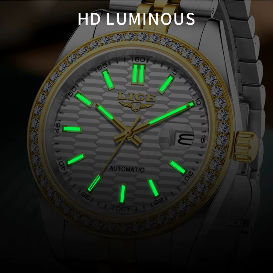 LIGE Armbanduhr Automatik, Edelstahl, Silber, Bicolor, Herren - Bild 3