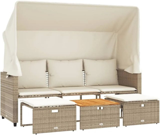 vidaXL Outdoor-Sofa 3-Sitzer aus Poly-Rattan mit Baldachin und Hockern, Beige - Bild 1