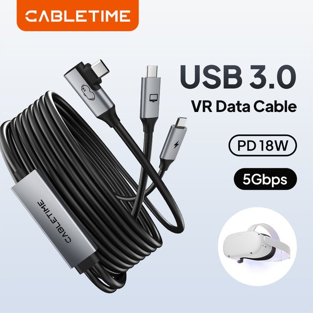 CABLETIME USB-C VR-Verbindungskabel in Schwarz für Meta Quest 3S, 3, 2 und Pro sowie Oculus Quest zur PC VR und Steam VR Nutzung mit 18W Ladeleistung und 5Gbps Datentransfer - Bild 1