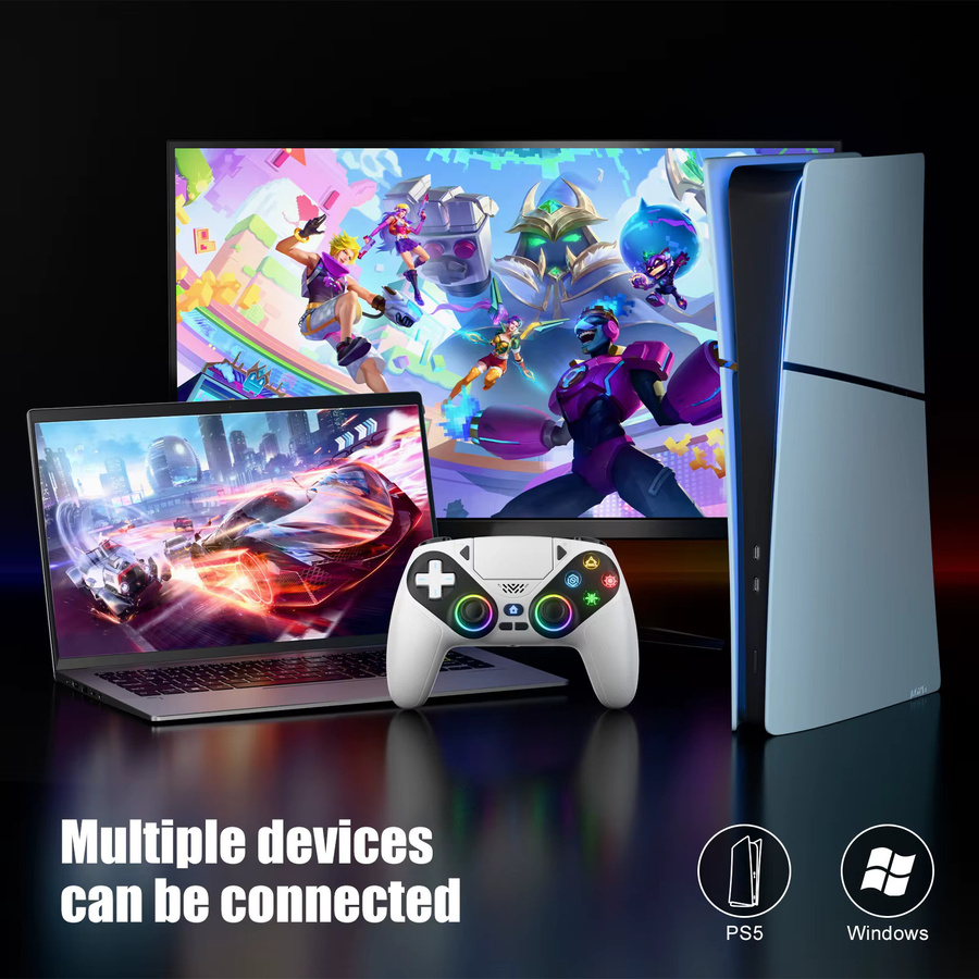 GAMROMBO Kabelloses Gamepad mit Hall-Effekt RGB Joystick für PlayStation 5 PS5 Pro Slim und PC, Bluetooth Controller mit Turbo und Programmierbaren Funktionen, Multicolor/Rot/Weiß - Bild 2