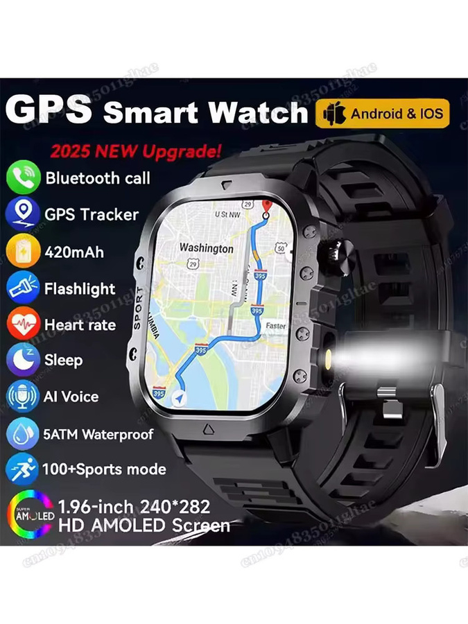 Ola Esporte Militärische Smartwatch für Herren in Schwarz mit GPS, Bluetooth-Anrufen und Gesundheitsmonitor, IP67 und 3ATM wasserdicht - Bild 1