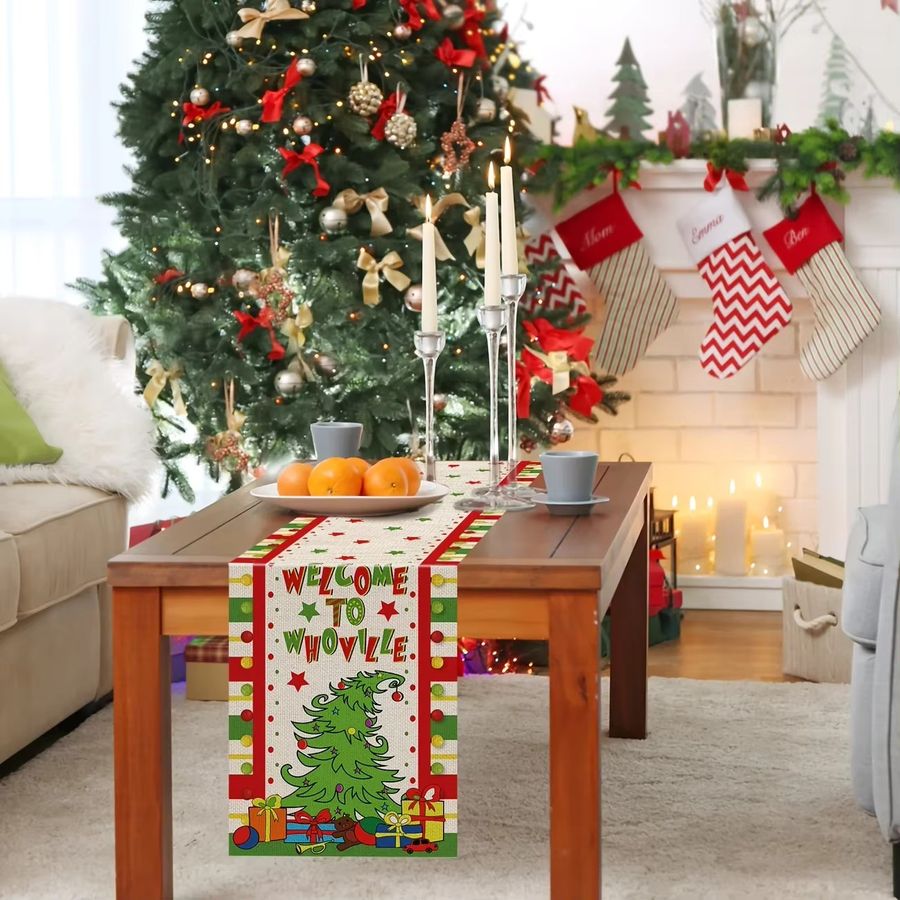Whoville Weihnachts-Tischläufer aus Baumwollleinen in Multicolor, 90 Zoll - Bild 2