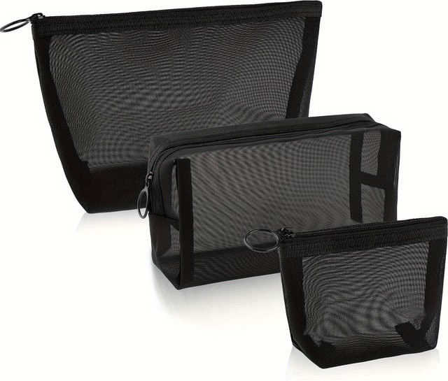 3-teiliges Set Netz-Aufbewahrungstaschen in Schwarz als Kosmetik- und Reise-Organizer mit Reißverschluss - Bild 1