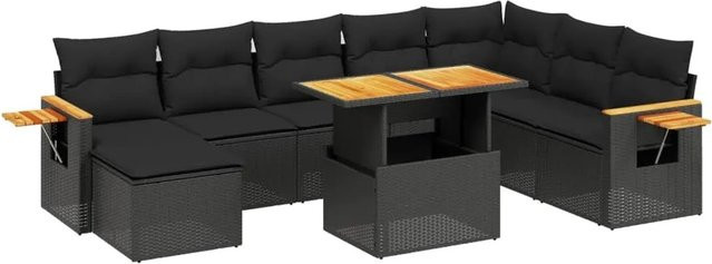 vidaXL 9-teilige Garten-Sofagarnitur aus Poly-Rattan und Akazienholz in Schwarz mit Kissen - Bild 1