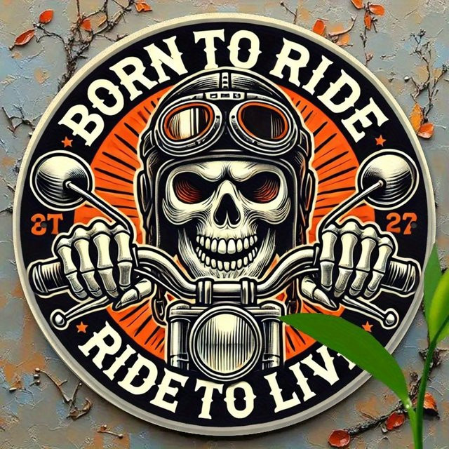 Potdemiel Vintage-Motorrad-Schädel Metallblechschild Rund, Mehrfarbig, Durchmesser: 19,81 cm - Bild 1
