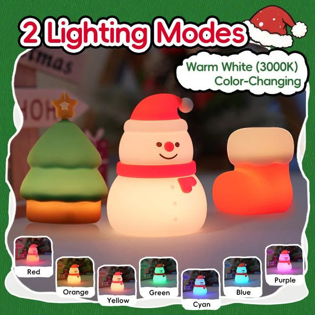 LINYILIGHT Weihnachten Nachtlicht aus Silikon mit 7 Farbwechseln, Schneemann und Socken Design, RGB LED Tischlampe für Kinderzimmer - Bild 1