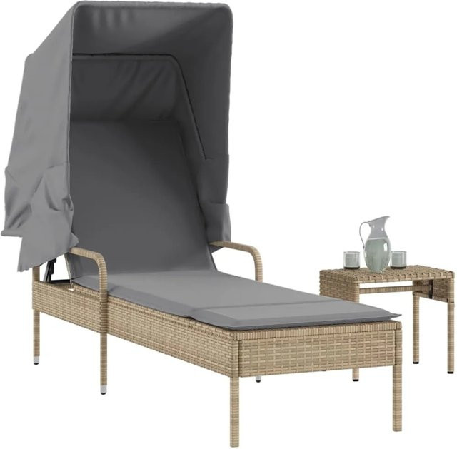 vidaXL Sonnenliege aus Poly Rattan mit Sonnendach und Beistelltisch in Beige, B/T/H: 200 x 62 x 130 cm - Bild 1