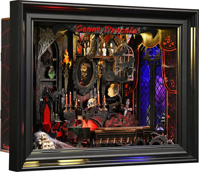 ASLOWSNAIL Buchnischen-Bausatz Vampir Dracula DIY Holzpuzzle im gotischen Stil für Halloween als dekoratives Bücherregal und Puppenhaus Modell in Natur und Mehrfarbig - Bild 1