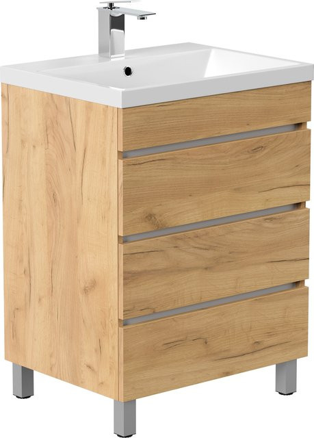 Stand Badmöbel Posseik Fellini in Eiche Gold mit drei grifflosen Schubladen und SoftClose-Funktion - Bild 1