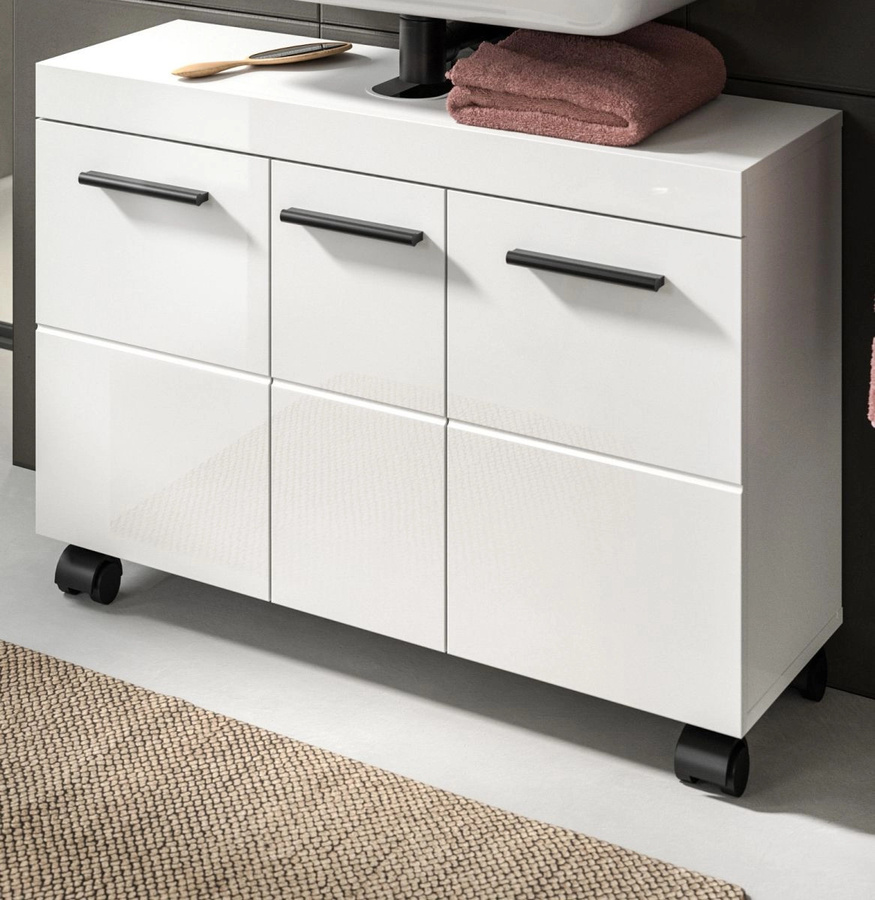 Waschbeckenunterschrank Talerno in Weiß Hochglanz mit Regalfächern und Scharniertüren, Breite: 80 cm - Bild 1