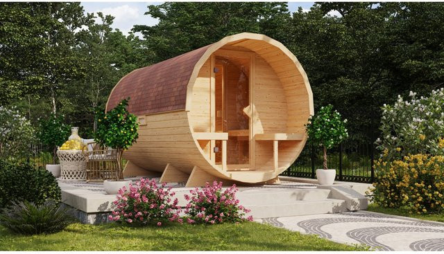 Karibu Fass-Sauna Log Cabin in Braun, Naturbelassen - Bild 1
