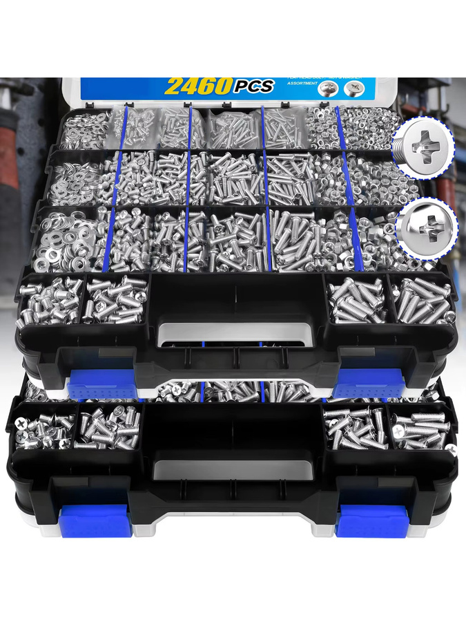 2460-teiliges Edelstahl-Set in Silber mit Kreuzschlitzschrauben, Muttern und Unterlegscheiben M3 M4 M5 M6 inklusive doppelschichtiger Aufbewahrungsbox - Bild 5
