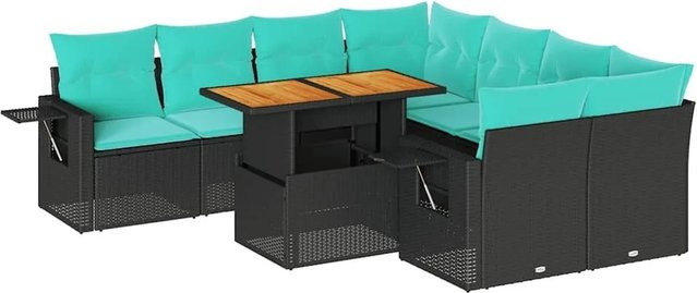 vidaXL 9-teilige Garten-Sofagarnitur in L-Form aus Poly-Rattan mit Kissen in Schwarz - Bild 1