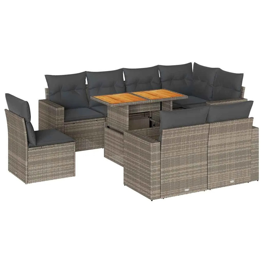 vidaXL 9-tlg. Garten-Sofagarnitur in L-Form aus Poly-Rattan und Akazienholz mit Kissen in Grau - Bild 2