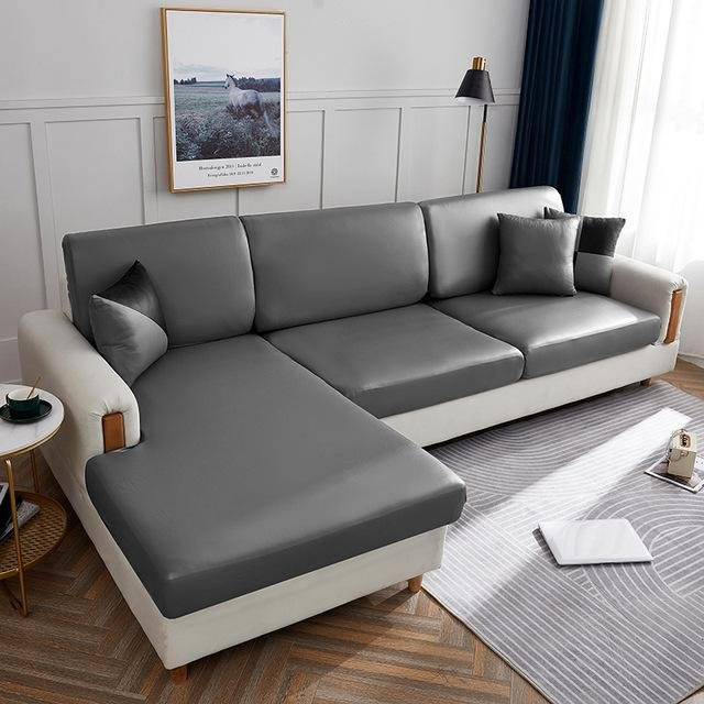 Wasserdichte Sofasitzkissenbezüge für L-förmige 3-Sitzer-Sofas aus PU-Leder in Dunkelgrau, dehnbar und waschbar - Bild 1