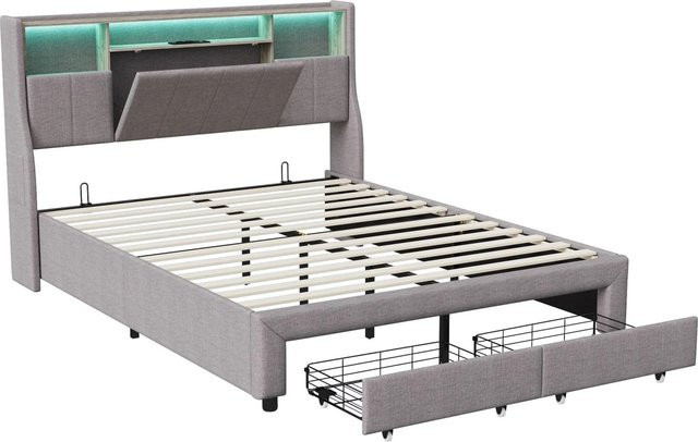 PXloue Stauraumbett Doppelbett in Grau mit Schubladen, Ladestation und Kopfteil mit Ablage, B/T/H: 140 x 200 x 145 cm - Bild 1