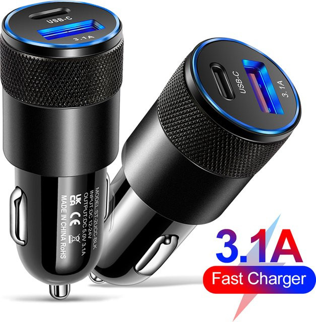 PD 12 W USB-Autoladegerät mit zwei Anschlüssen inklusive USB-C Adapter in Schwarz für iPhone, Xiaomi, Huawei und Samsung - Bild 1