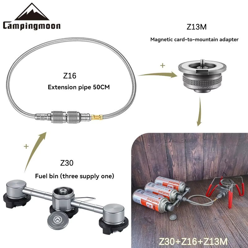 CAMPINGMOON 3-in-1 Butan-Adapter in Silber mit Verlängerungsschlauch, geteiltem Ofen-Adapter und magnetischem Saugkopfanschluss für Camping - Bild 3