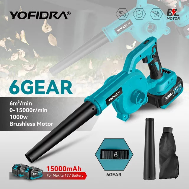 Yofidra Bürstenloses elektrisches Gebläse mit 6 Gängen, kabellos, kompatibel mit Makita 18 V Akku-Pin zur Reinigung von Staub und Blättern - Bild 1