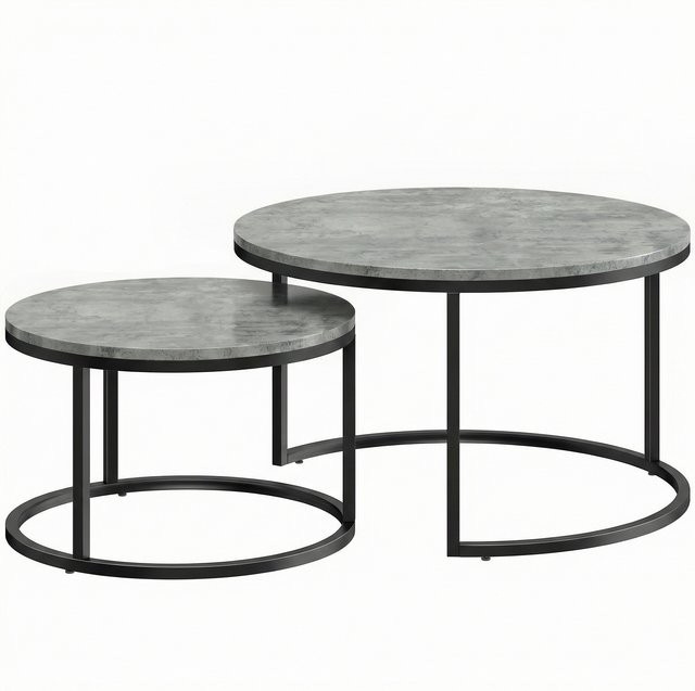 HOMCOM 2er Set Couchtisch rund in Zementoptik Grau mit Metallrahmen und MDF, Stapelbare Beistelltische für Wohnzimmer und Schlafzimmer, Durchmesser: 78,5 cm, Höhe: 46,5 cm - Bild 1
