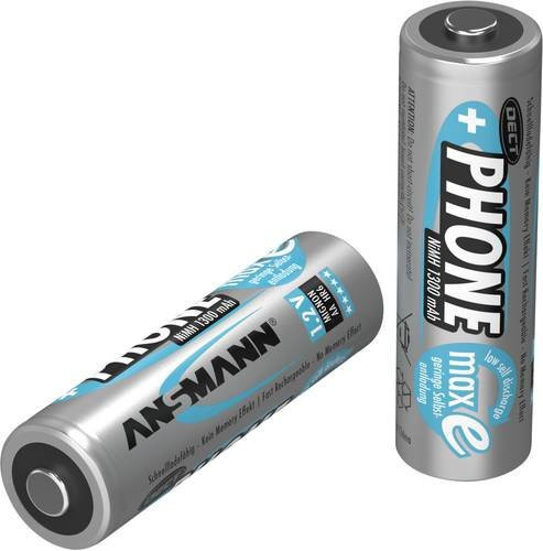 Ansmann DECT maxE HR06 Mignon AA NiMH Akku 1300 mAh 1.2V 2er Packung in Silber - Bild 1